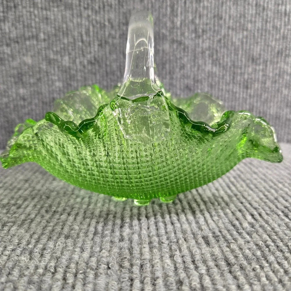 Fenton‎ Green Glass Basket Handled Pinched Edge Hobnail Basket Dish